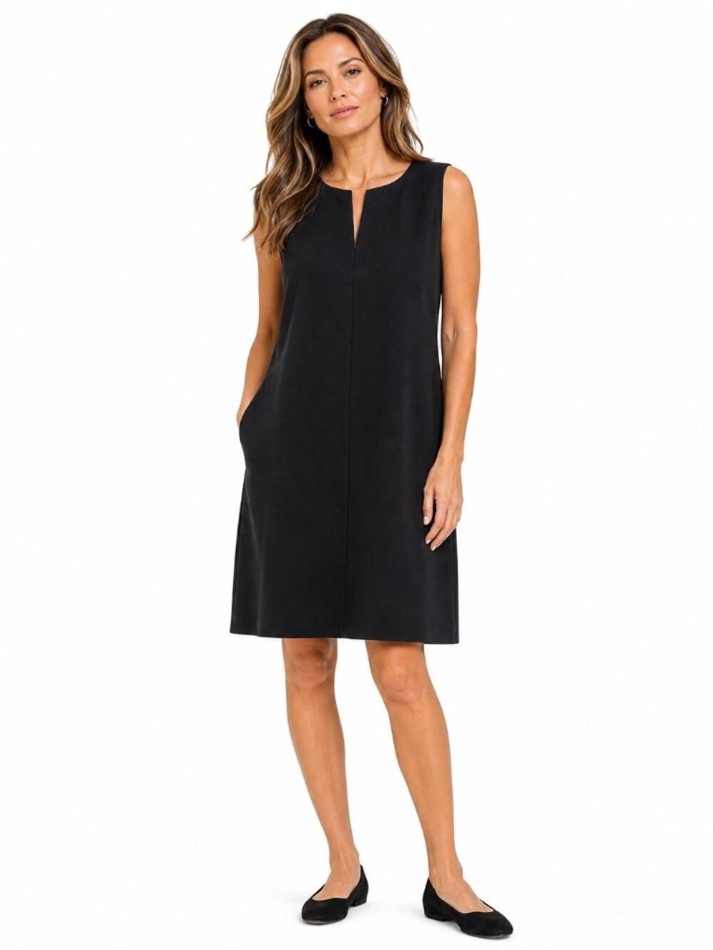 Eileen Fisher Cotton Ponte Zip Front Shift Dress Black Pockets Women's Small S/P